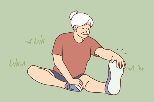 Active mature grandmother sit on grass outdoors do gymnastics. Happy elderly woman do sport in park. Healthy maturity and physical activity. Vector illustration.