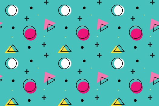 Seamless colorful illustrations. Retro texture and geometric elements. Memphis style. Background for your design. Flat vector for printed material, fabrics, wallpaper, paper. Vector illustration