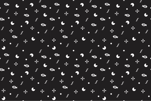 Raster monochrome seamless pattern with small scattered tiny shapes. Simple minimal background. Black and white geometric wallpaper. Dark repeat design for decor, print. Vector illustration