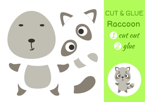 Cut and glue paper little raccoon. Kids crafts activity page. Educational game for preschool children. DIY worksheet. Kids art game and activities jigsaw. Vector stock illustration