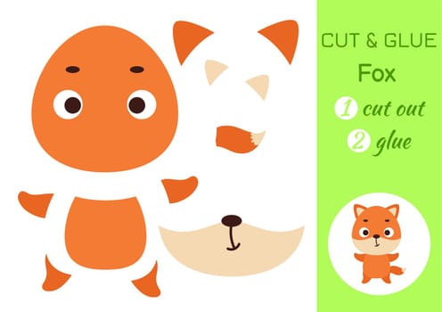 Cut and glue paper little fox. Kids crafts activity page. Educational game for preschool children. DIY worksheet. Kids art game and activities jigsaw. Vector stock illustration