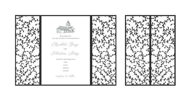 Gate fold laser cut Ornamental wedding invitation card template. Design for laser cut or die cut template