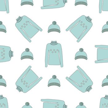 pattern of winter warm clothes sweaters and hats in line art style for gift wrapping, wrapping paper