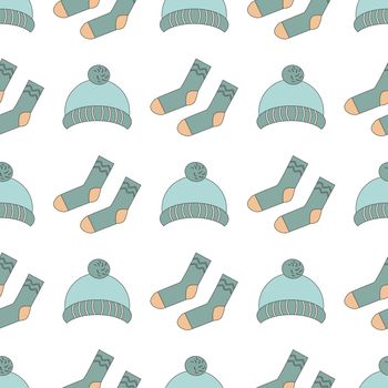 pattern of winter warm clothes socks and mittens in line art style for gift wrapping, wrapping paper