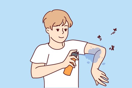 Smiling man applying anti-mosquito spray on arms. Guy use insect repellent keep bugs away outdoors. Vector illustration.