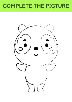 Complete drawn picture of cute panda. Coloring book. Dot copy game. Handwriting practice, drawing skills training. Education developing printable worksheet. Activity page. Vector illustration
