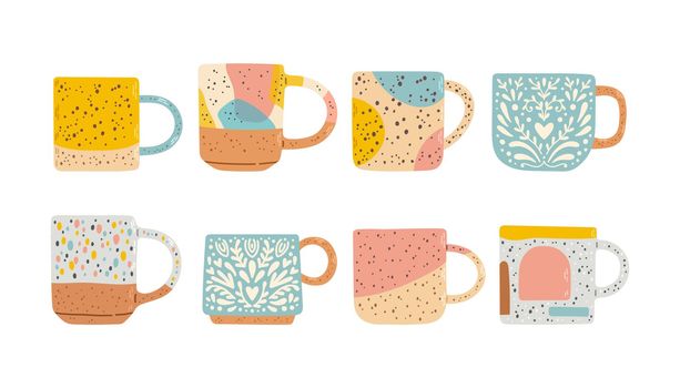 Collection of different modern cups decorated with design elements vector flat illustration. Set of colored mugs filling by beverages isolated. Cute trendy crockery with handle for drink. Vector illustration