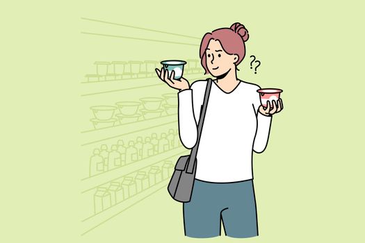Young woman grocery shopping in supermarket choosing yoghurt. Confused female client make choice between dairy products in shop. Vector illustration.