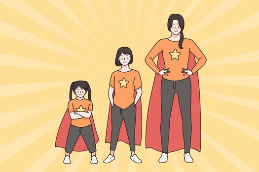Happy childhood and playing superman concept. Smiling happy mothers and daughter in coats pretending to be superheroes at home during playing game together illustration