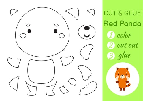 Color, cut and glue paper little red panda. Cut and paste crafts activity page. Educational game for preschool children. DIY worksheet. Kids logic game, puzzle. Vector stock illustration