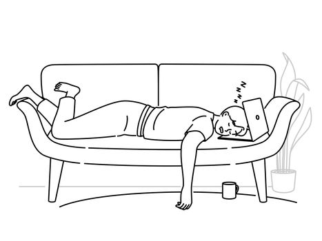 Tired man fall asleep working on laptop on couch. Exhausted male overwhelmed with computer work sleep in sofa at home. Fatigue and overwork. Vector illustration.