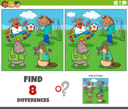 Cartoon illustration of finding the differences between pictures educational task with comic animal characters playing soccer