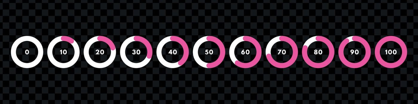 Set of pink circular progress bar. Timer icon with ten percent interval. Download display. Vector illustration