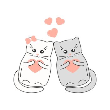 A pair of cute loving cats hearts. Beautiful card with red love tenderness. Cats. Vector illustration. Happiness concept. Linear style, doodle