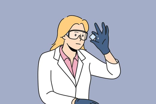 Young woman in white uniform look at chemical element make experiment. Smiling female researcher or scientist in glasses analyze object. Vector illustration.