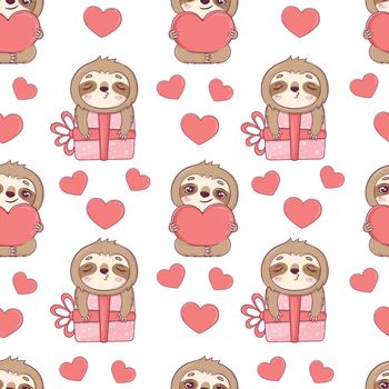 Seamless pattern with cute sloths for Valentine's Day in cartoon style for kids, children's books and games, print.