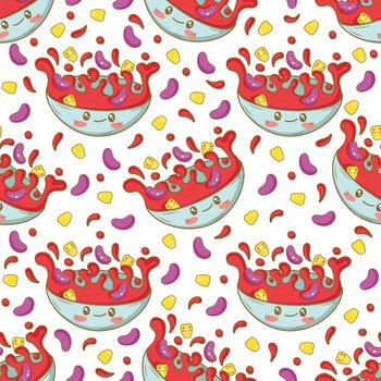 Seamless pattern with Mexican bean soup with funny faces in doodle cartoon style isolated on white background