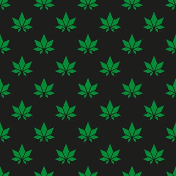 Seamless pattern with abstract quadrilateral green cannabis leaves on a black background vector art illustration.