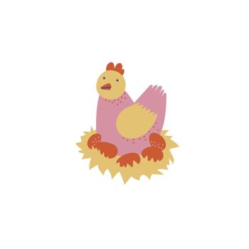 Nesting hen with eggs illustration. Colorful flat chicken clipart, isolated on white background.