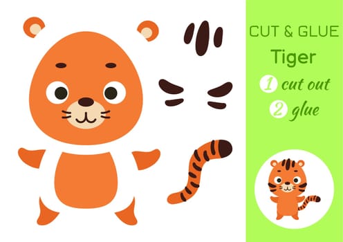 Cut and glue paper little tiger. Kids crafts activity page. Educational game for preschool children. DIY worksheet. Kids art game and activities jigsaw. Vector stock illustration