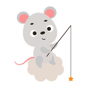Cute little mouse fishing star on cloud. Cartoon animal character for kids t-shirt, nursery decoration, baby shower, greeting cards, invitations, house interior. Vector stock illustration
