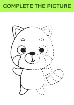 Complete drawn picture of cute red panda. Coloring book. Dot copy game. Handwriting practice, drawing skills training. Education developing printable worksheet. Activity page. Vector illustration