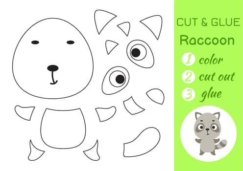 Color, cut and glue paper little raccoon. Cut and paste crafts activity page. Educational game for preschool children. DIY worksheet. Kids logic game, puzzle. Vector stock illustration