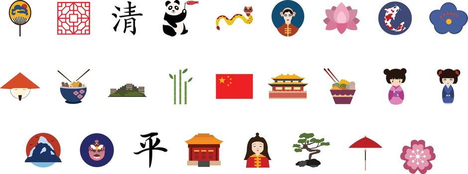 Traditional chinese icon set. hand drawn vector illustration set in flat style. religious china symbols, animals, people and buildings. Tribal asian icons for travel and new year works.