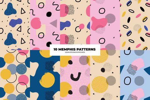 Set of Memphis Pattern. Pink , Blue, Yellow, Brown Colors. Memphis Style Funky Patterns. Hipster Style 80s-90s. Vector illustration. Suitable for banners, funky posters, flyers, covers.