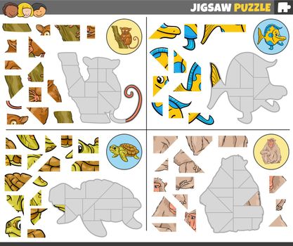 Cartoon illustration of educational jigsaw puzzle games set with funny animal characters