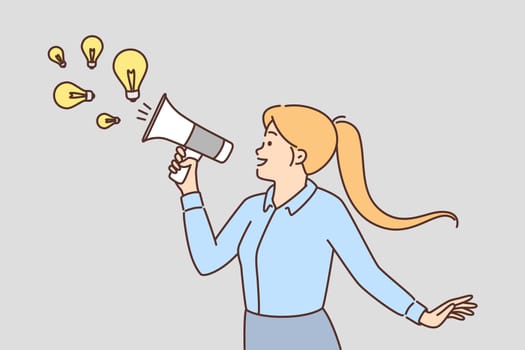 Motivated businesswoman scream in megaphone with lightbulbs. Smiling female employee with loudspeaker generate business ideas. Vector illustration.