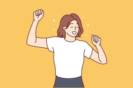 Happy smiling woman waving hands rejoice meeting cool guy or invitation to first date. Cheerful casual lady performs victory dance in honor of receiving highly paid joboffers. Flat vector image