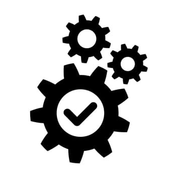 Ok operation icon. Gear with check sign in flat. Successful process symbol. Success sign with cog. Update sign, technology, engine in black. Vector illustration for graphic design, Web, UI, mobile app