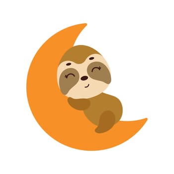 Cute little sloth sleeping on moon. Cartoon animal character for kids t-shirt, nursery decoration, baby shower, greeting cards, invitations, house interior. Vector stock illustration