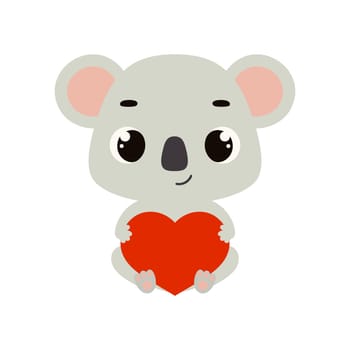 Cute little sitting koala holds heart. Cartoon animal character for kids cards, baby shower, invitation, poster, t-shirt composition, house interior. Vector stock illustration