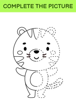 Complete drawn picture of cute tiger. Coloring book. Dot copy game. Handwriting practice, drawing skills training. Education developing printable worksheet. Activity page. Vector illustration