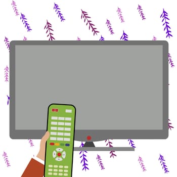 Illustration with TV and remote control. Important information on screen.