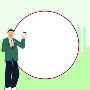 Businessman holding cellphone. Big speech bubble on colored background.