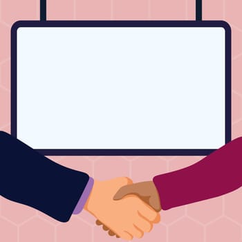 Handshake on colored background. Speech bubble with important information.