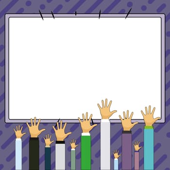 Hands pointing to whiteboard with information. Empty speech bubble.