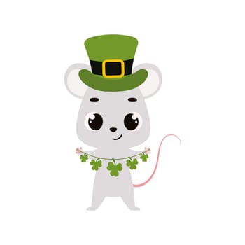Cute mouse in green leprechaun hat with clover. Irish holiday folklore theme. Cartoon design for cards, decor, shirt, invitation. Vector stock illustration.