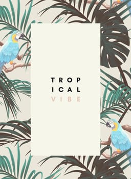 Vintage tropical design with exotic monstera and royal palm leaves, blue macaws and branches. Realistic vector illustration.