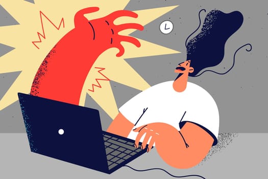 Scared woman look at huge hand appearing from laptop screen. Big hand arise from computer attack terrified female employee. Vector illustration.