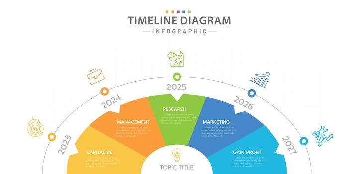 Infographic template for business. 5 Steps modern Circle Timeline diagram with icons, presentation vector infographic.