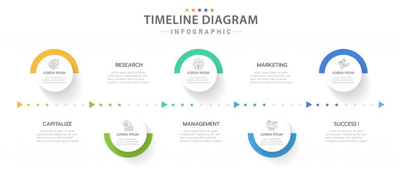 Infographic template for business. 5 Steps Modern Timeline diagram with progress arrows, presentation vector infographic.