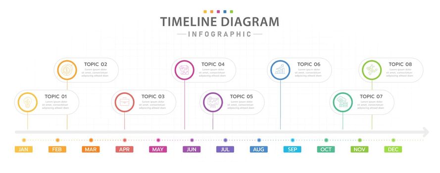 Infographic template for business. 12 Months modern Timeline diagram calendar with topic titles, presentation vector infographic.