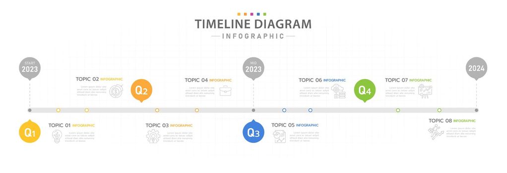 Infographic template for business. 8 Steps Modern Timeline diagram calendar with 4 quarter topics, presentation vector infographic.