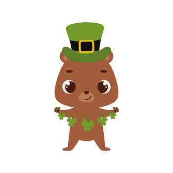 Cute bear in green leprechaun hat with clover. Irish holiday folklore theme. Cartoon design for cards, decor, shirt, invitation. Vector stock illustration.
