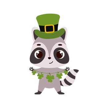 Cute raccoon in green leprechaun hat with clover. Irish holiday folklore theme. Cartoon design for cards, decor, shirt, invitation. Vector stock illustration.