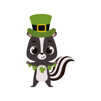 Cute skunk in green leprechaun hat with clover. Irish holiday folklore theme. Cartoon design for cards, decor, shirt, invitation. Vector stock illustration.